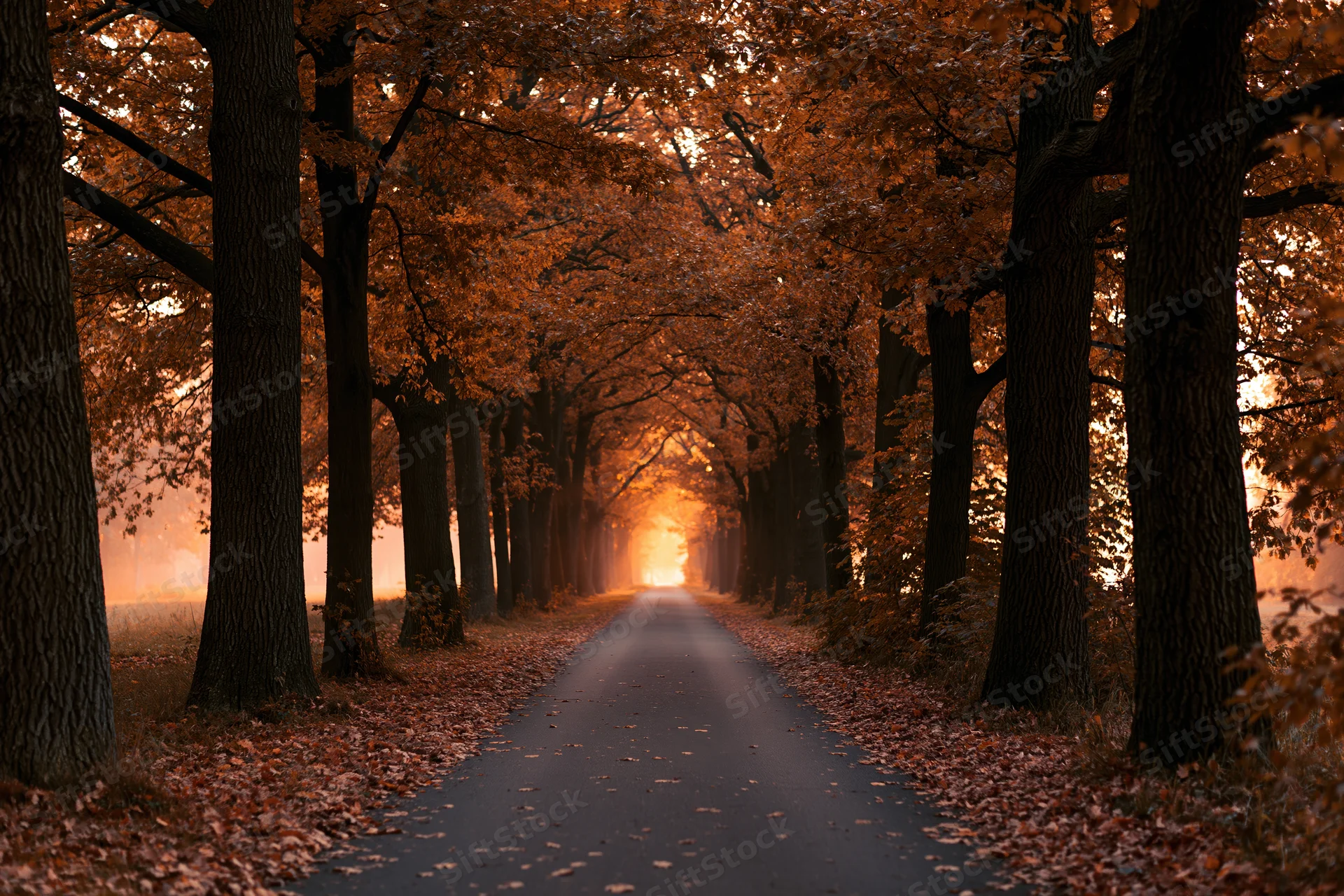 Narrow paved path lined with autumn trees forming a tunnel of orange foliage receding into misty light