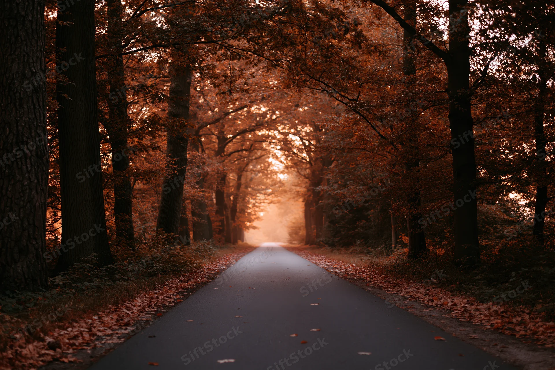 Narrow paved path receding into a forest tunnel of autumn trees with sunlight filtering through the canopy