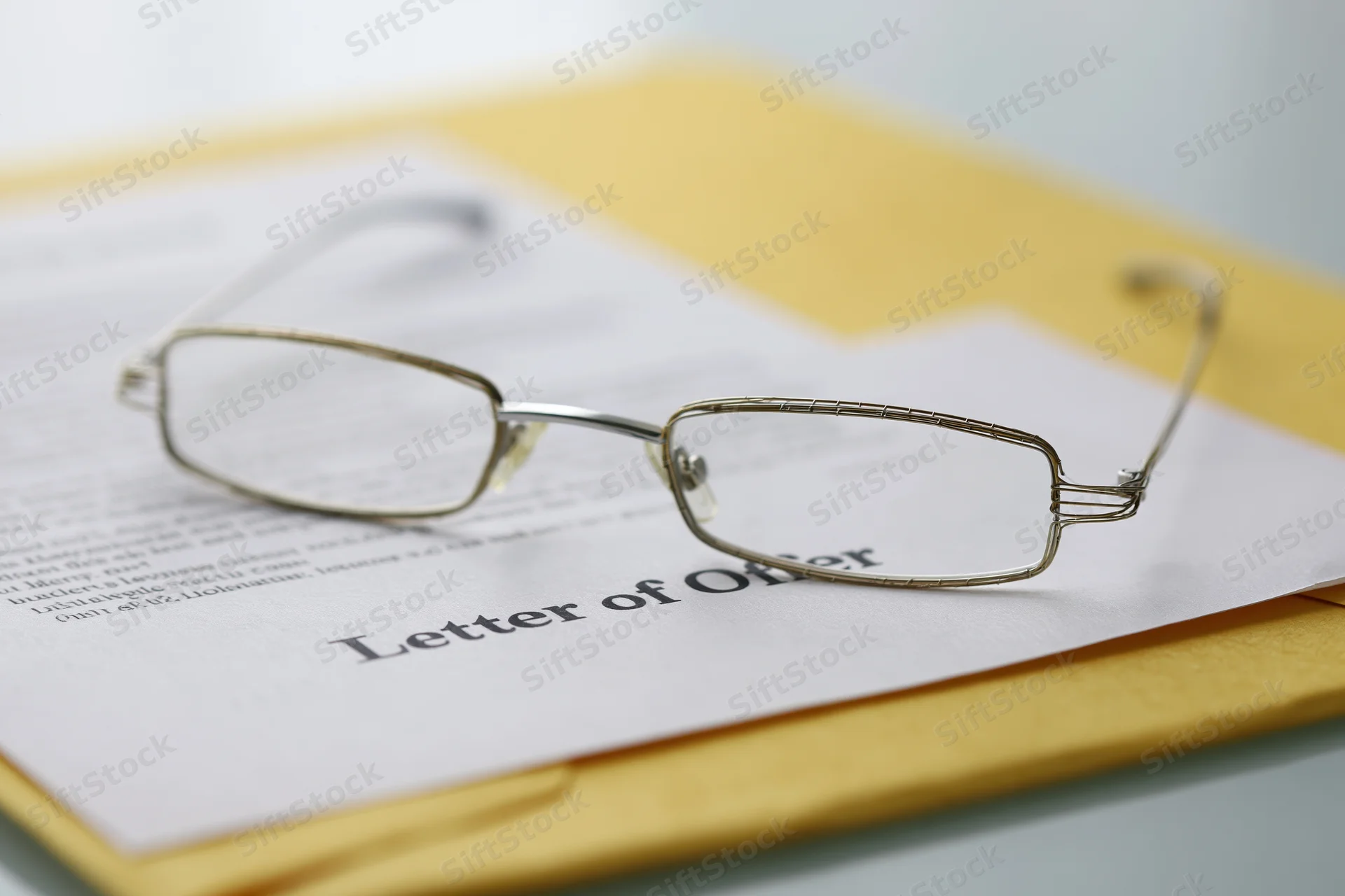 Reading glasses resting on a letter of offer document placed on a yellow envelope