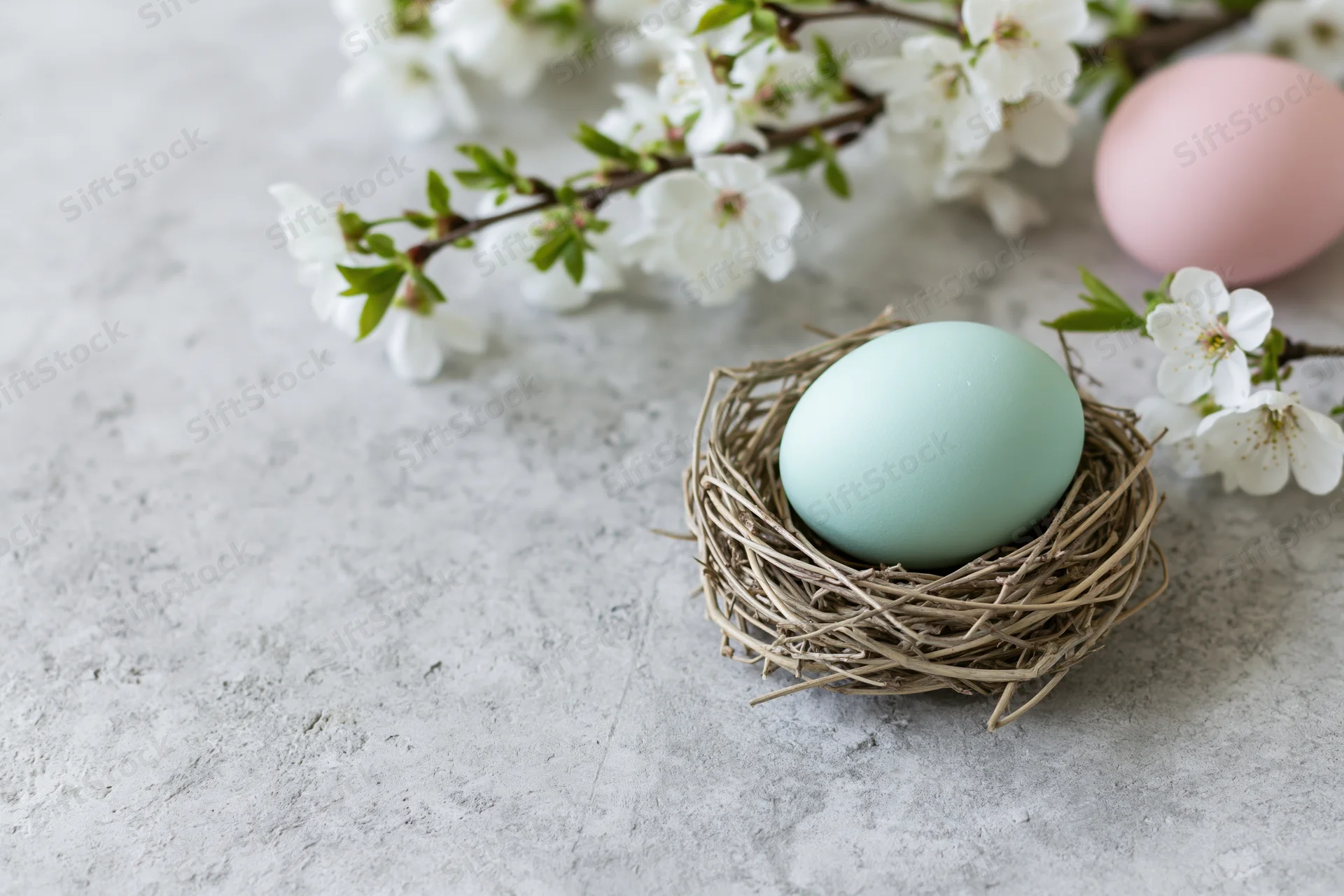 Pale mint easter egg in a small woven twig nest with white blossoms on a gray textured surface