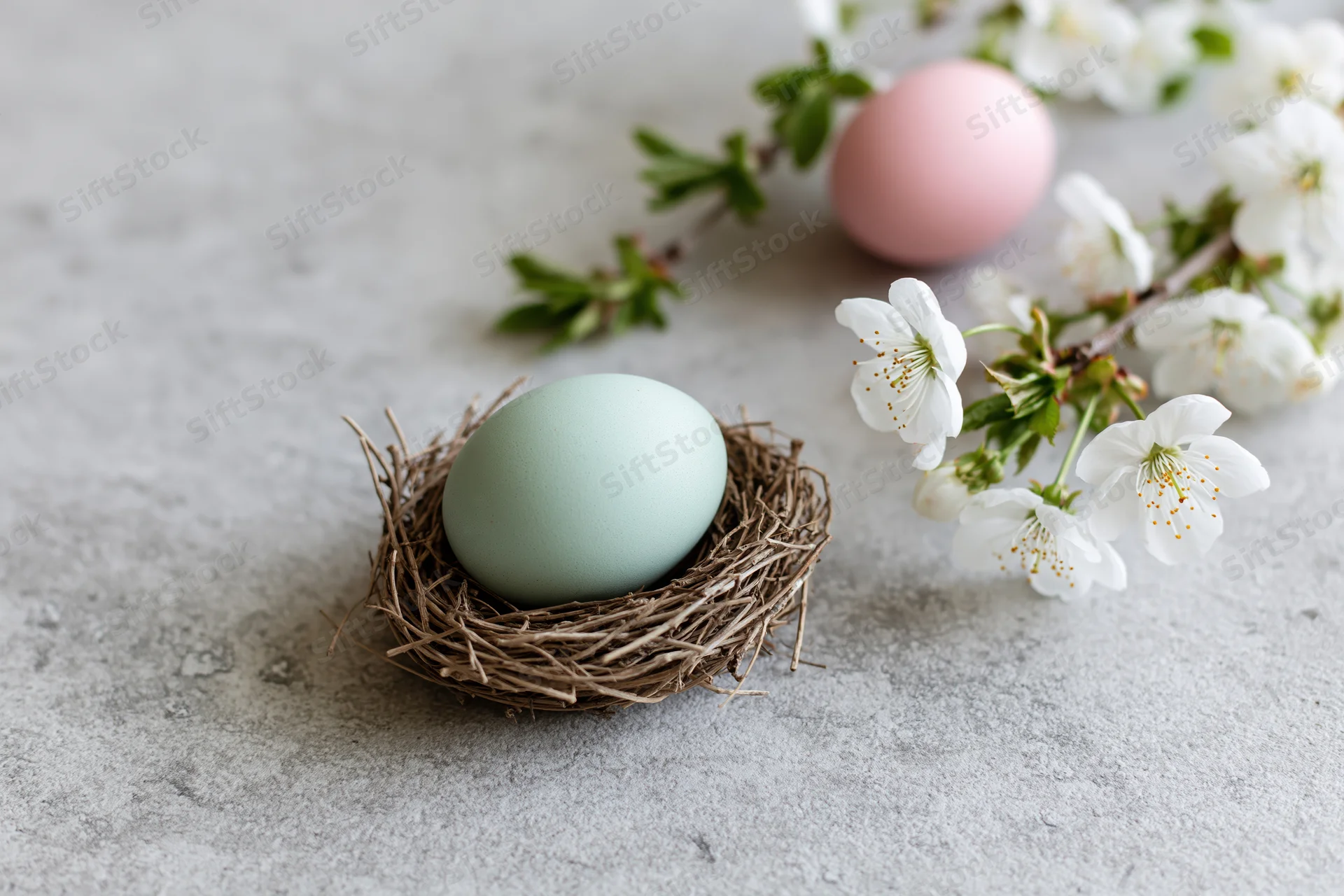 Pale mint easter egg in a small twig nest beside white blossoms on a gray surface