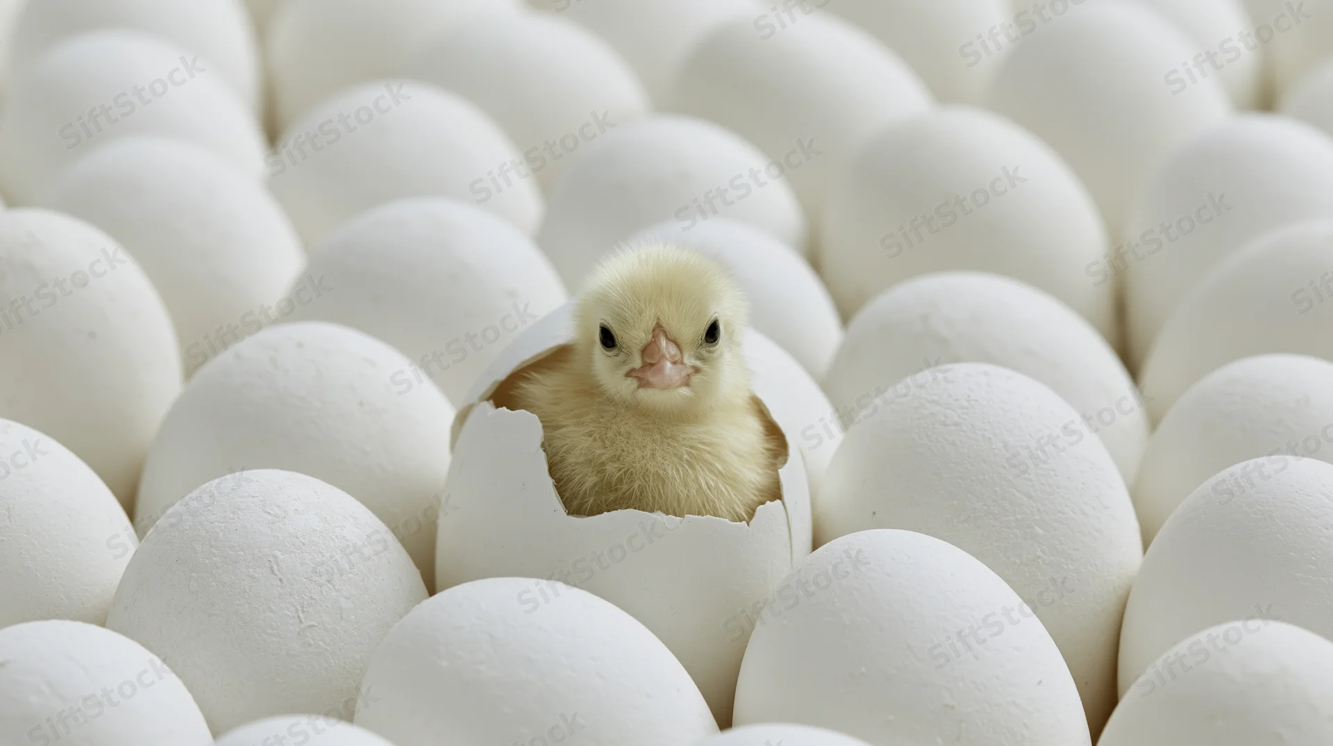 Newborn chick hatching from a cracked white egg surrounded by unbroken eggs