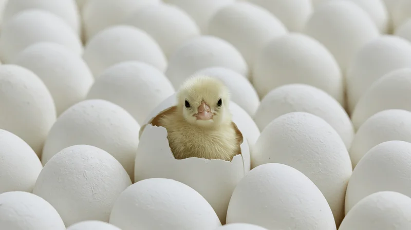 Newborn chick hatching from a cracked white egg surrounded by unbroken eggs