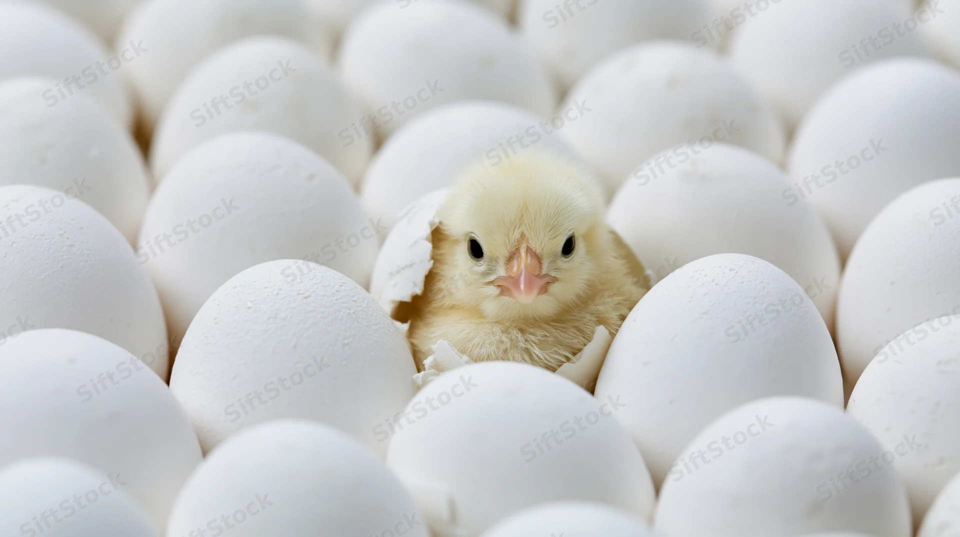 Newborn chick hatching from a cracked white egg surrounded by eggs