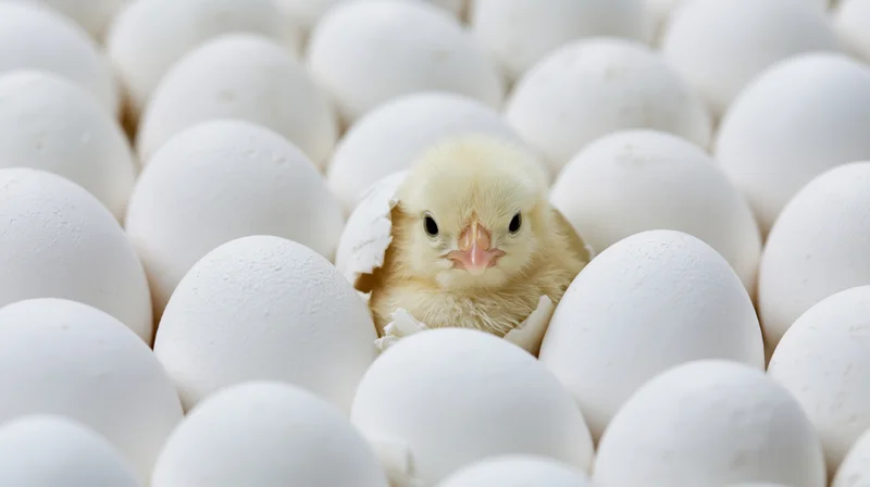 Newborn chick hatching from a cracked white egg surrounded by eggs