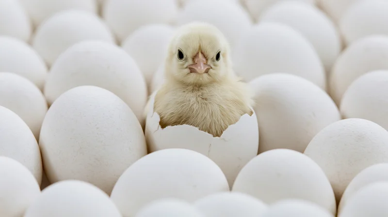 Pale yellow newborn chick emerging from cracked white egg surrounded by eggs