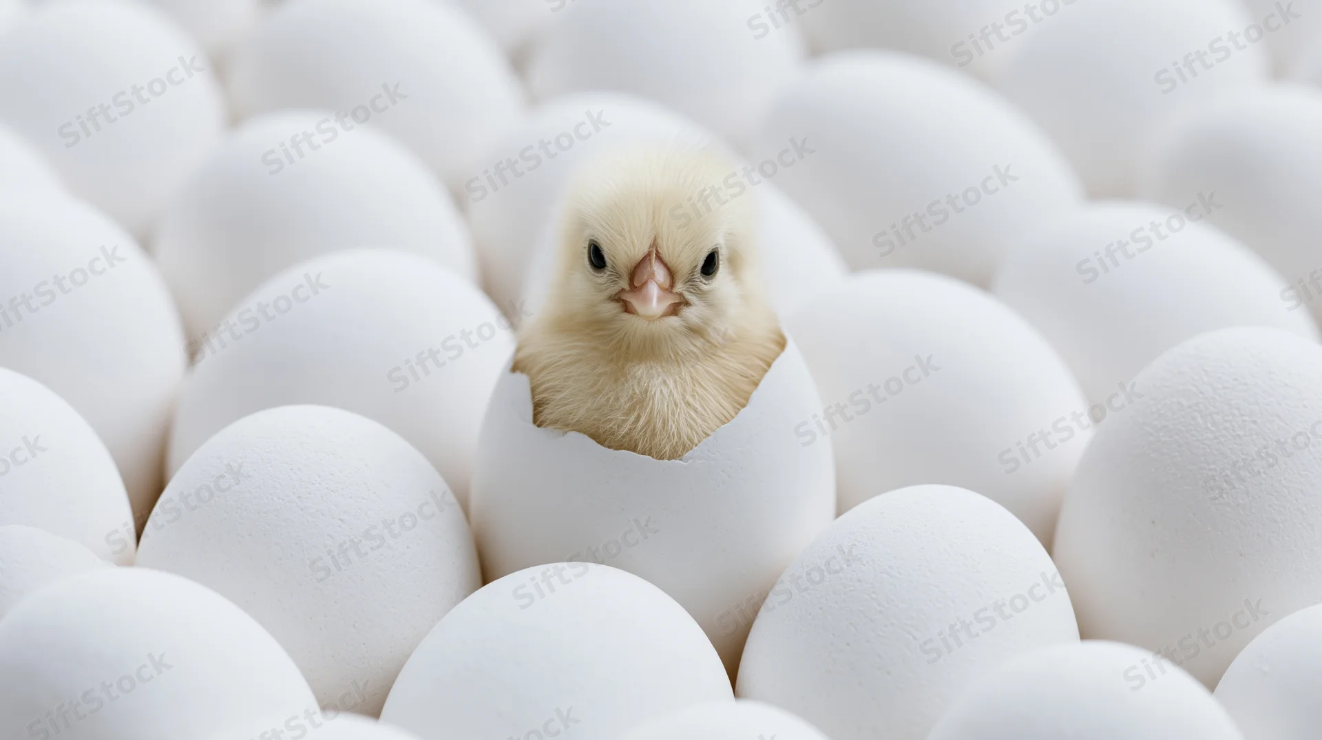 Pale yellow newborn chick hatching from cracked white egg surrounded by eggs