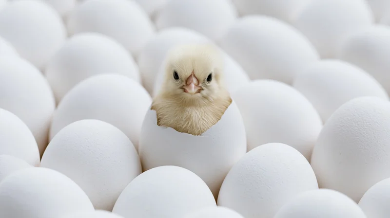 Pale yellow newborn chick hatching from cracked white egg surrounded by eggs
