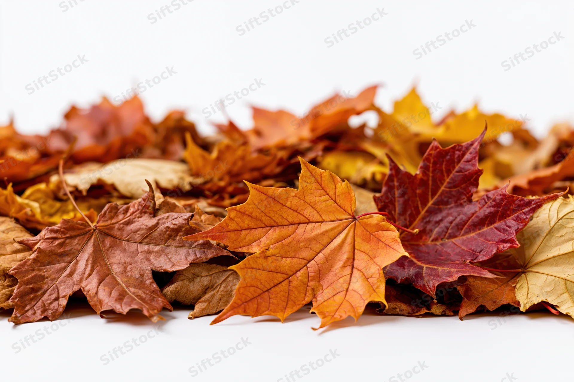 Pile of fallen autumn maple leaves arranged along the bottom on white background