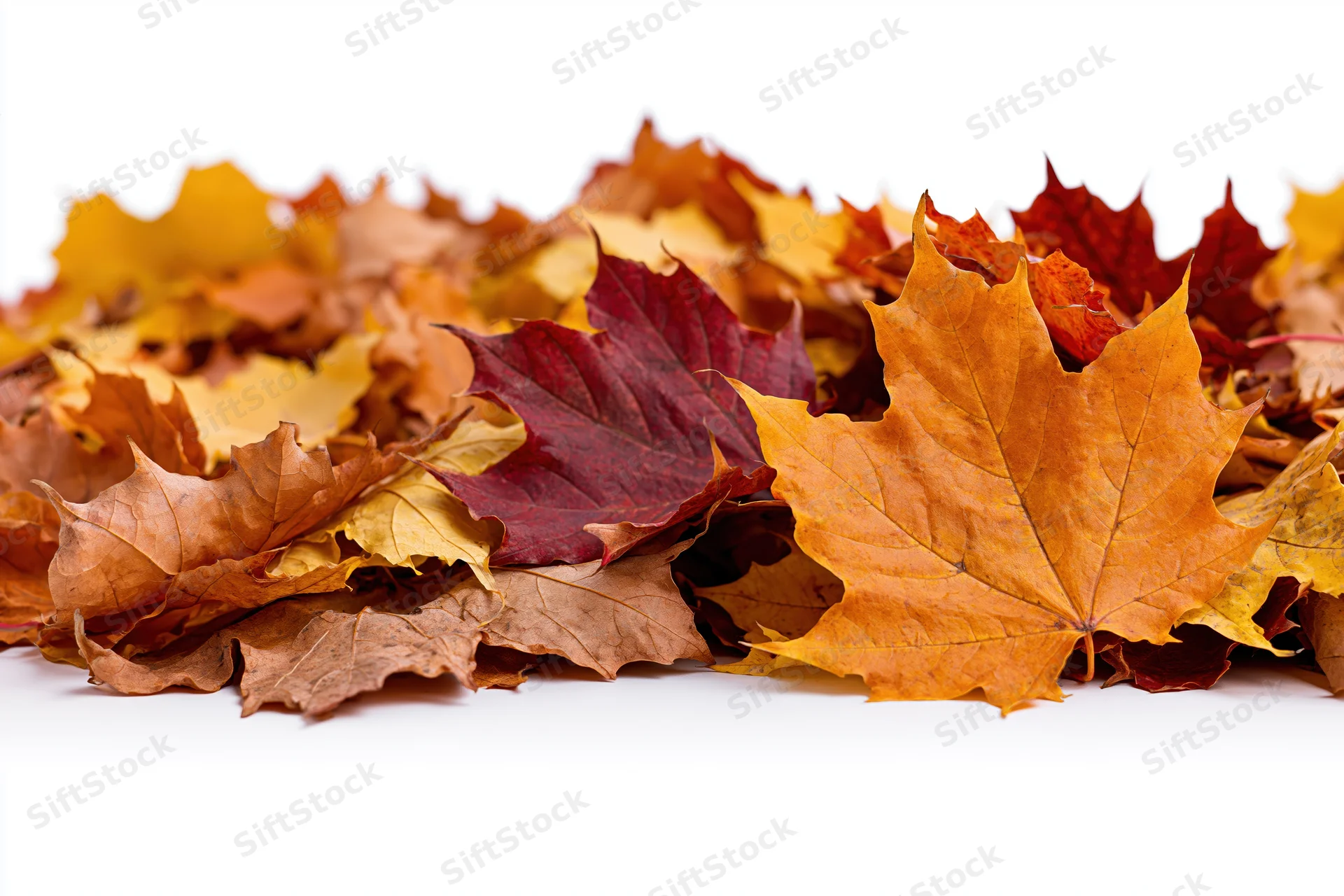 Pile of fallen autumn maple leaves heaped along the bottom on white background