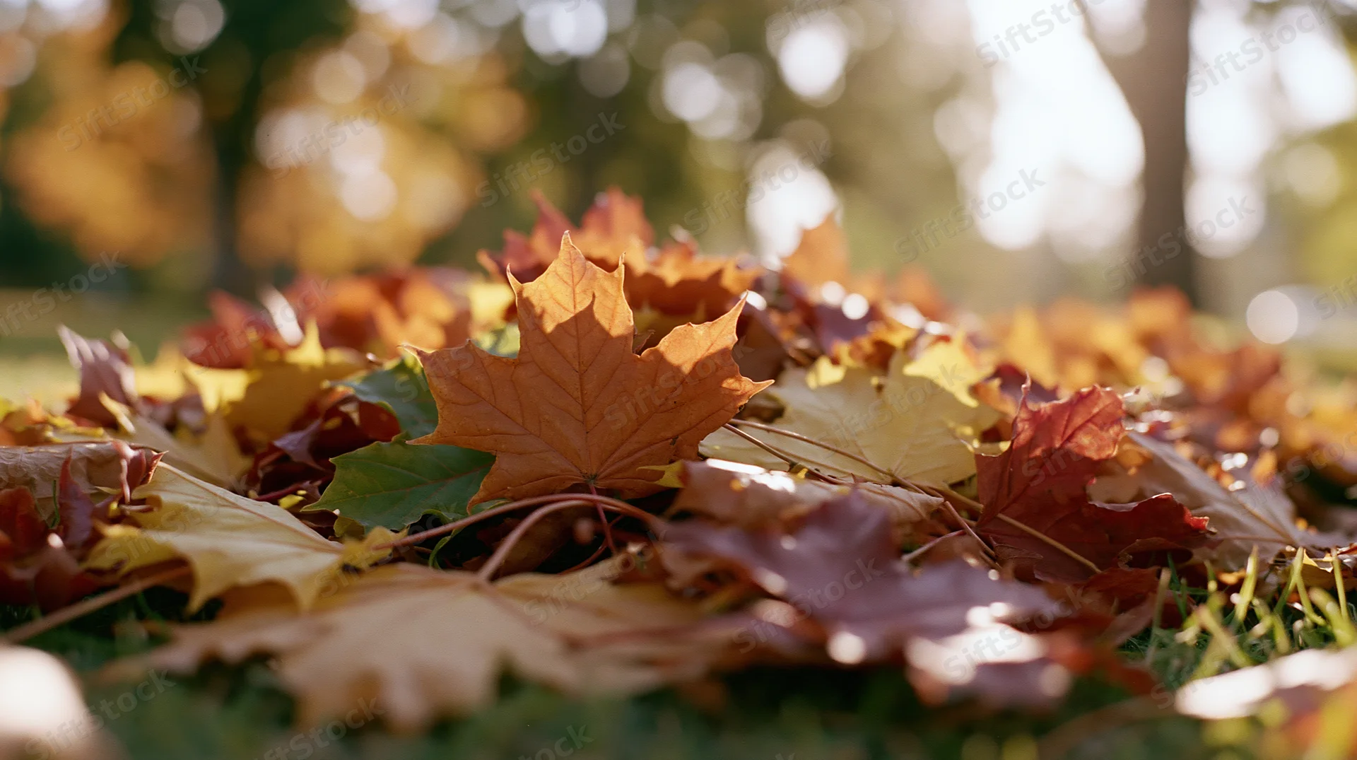 Fallen maple leaves scattered on grass in a sunlit autumn park