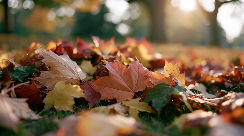 Fallen maple leaves scattered on grass in a sunlit forest clearing during autumn