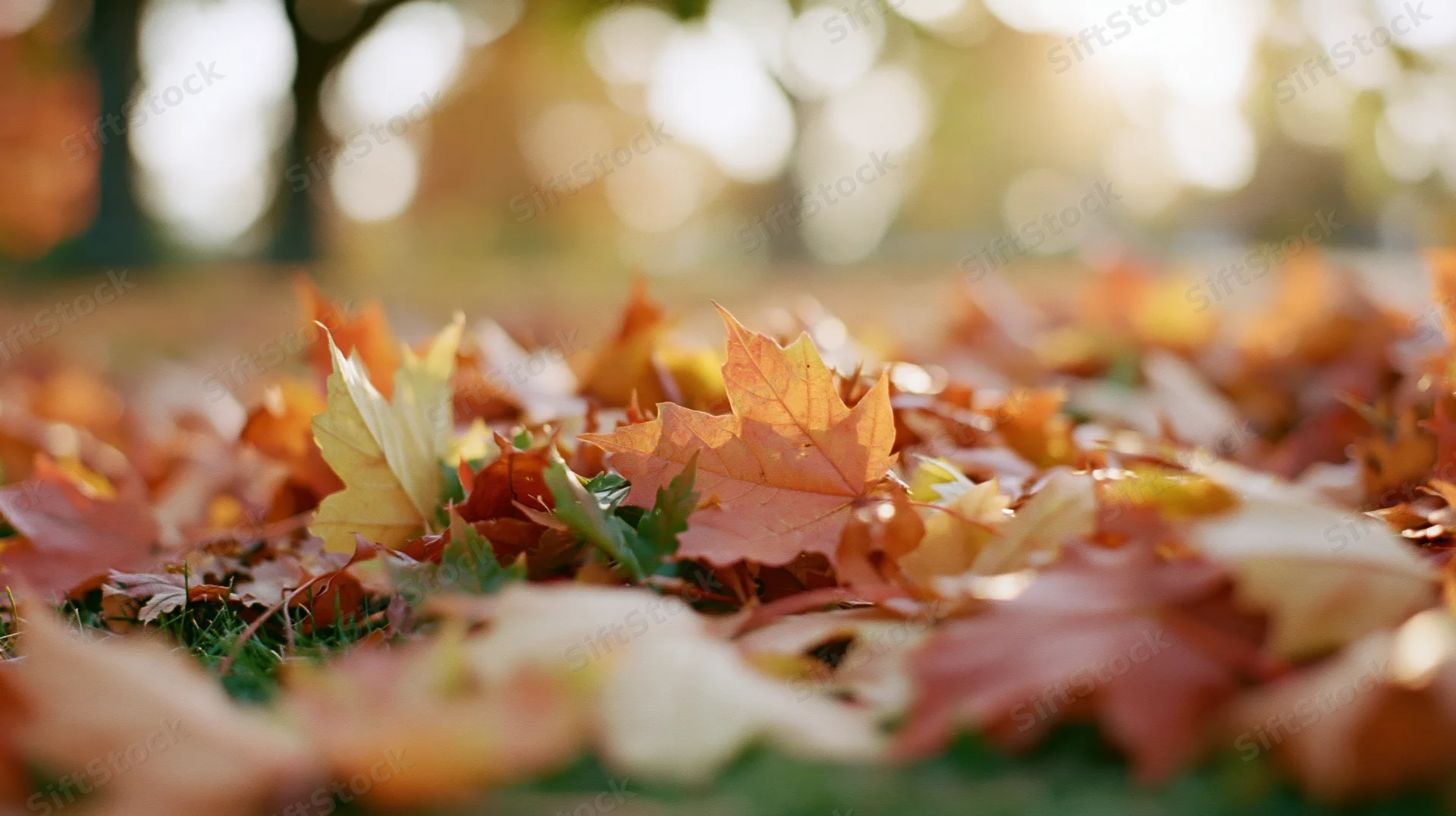 Fallen maple leaves scattered on grass in a sunlit park during autumn