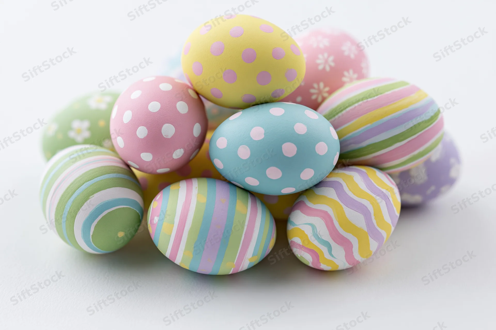 Pile of hand-painted easter eggs with pastel polka dot and striped patterns on white surface