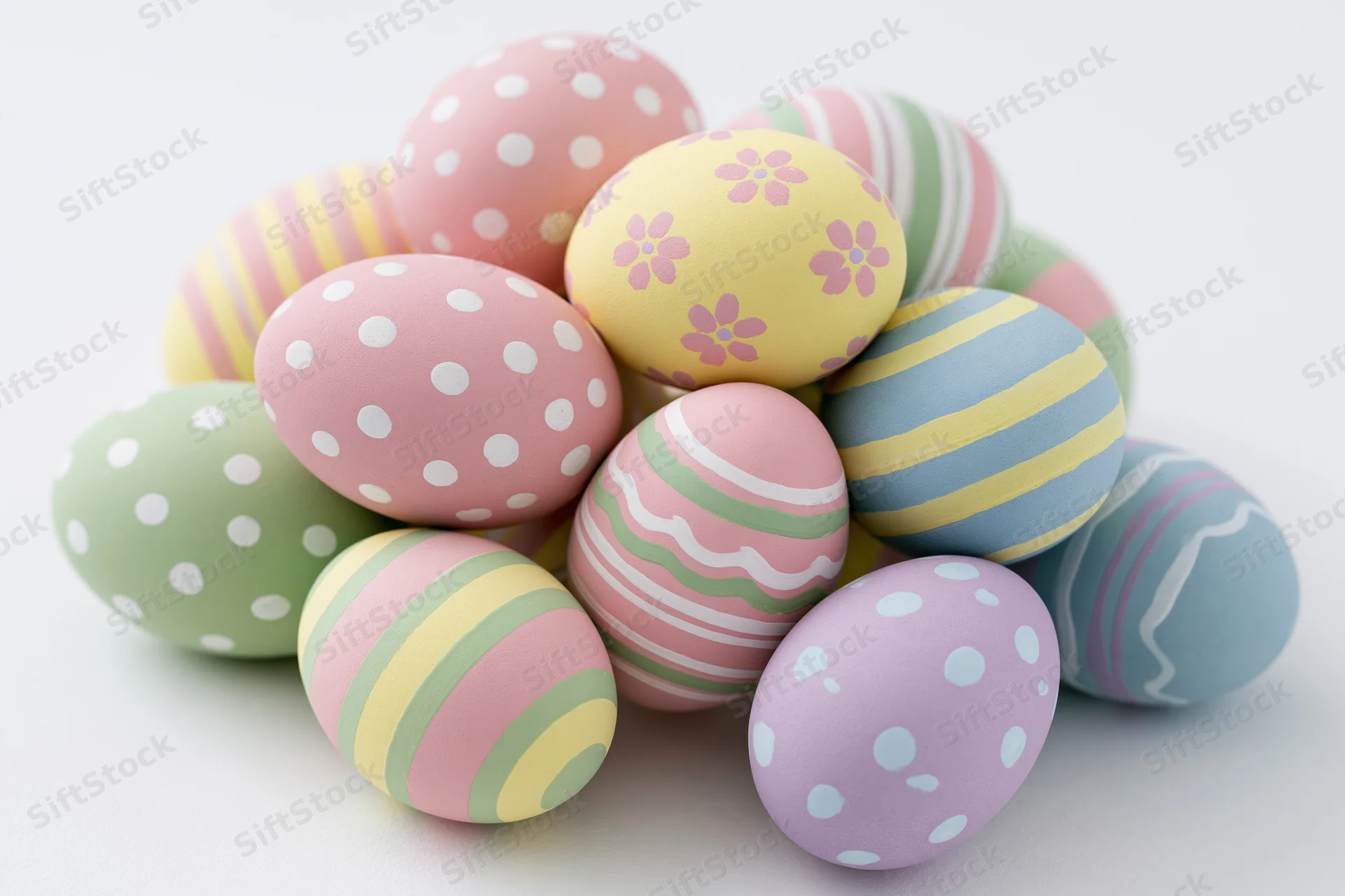 Pile of hand-painted easter eggs stacked loosely on white surface