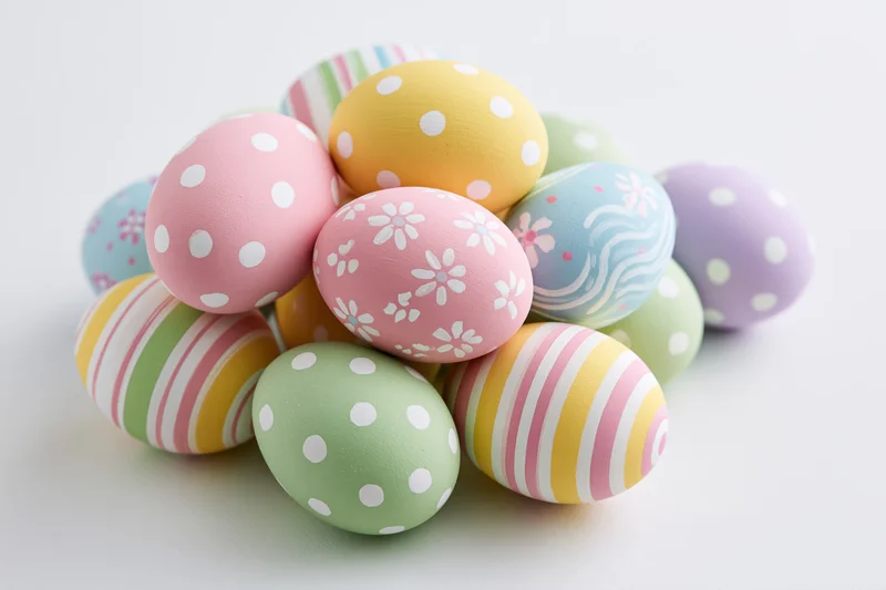 Pile of hand-painted easter eggs with pastel colors and patterns on white background