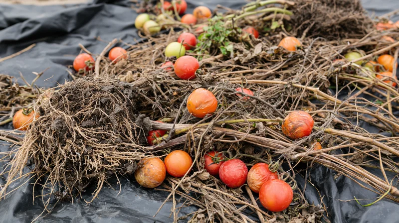 Uprooted tomato plants with roots and fruit lying on black plastic mulch in a field