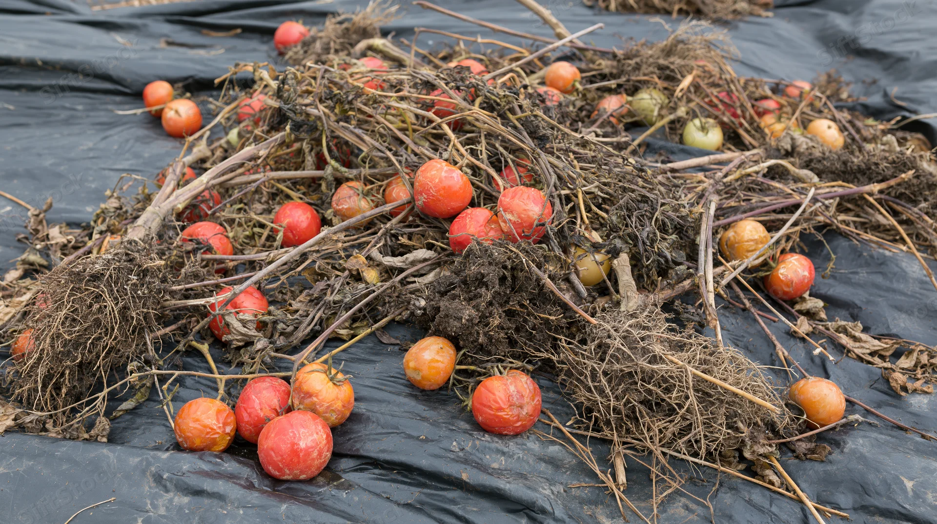 Uprooted tomato plants with wilted vines and rotting fruit piled on black plastic mulch in a field