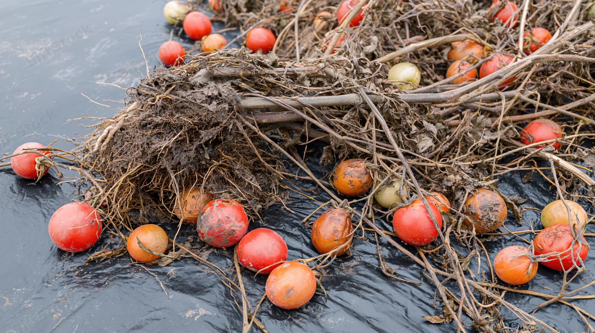 Uprooted tomato plants with ripe and decaying fruit lying on black plastic mulch in a farm field