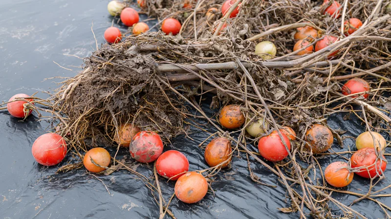 Uprooted tomato plants with ripe and decaying fruit lying on black plastic mulch in a farm field