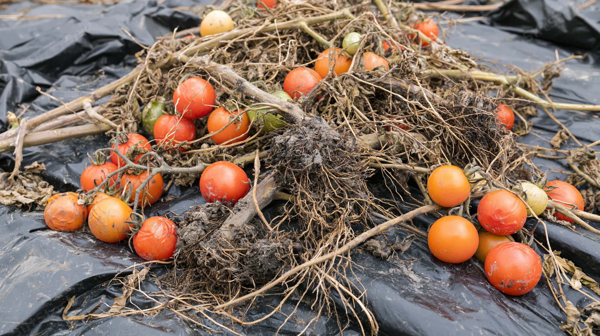Uprooted tomato plants with roots and fruit lying on black plastic mulch in a field