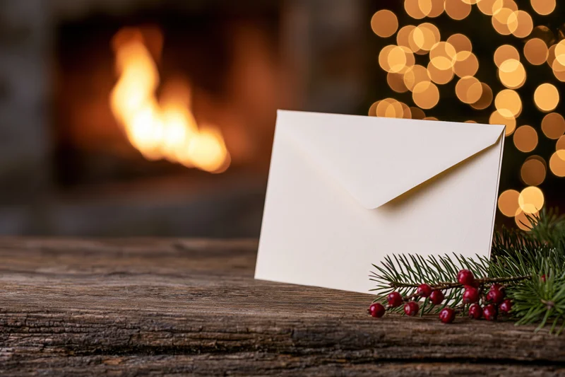 Cream envelope standing upright on rustic wooden table beside pine branch with red berries, fireplace and bokeh lights in background