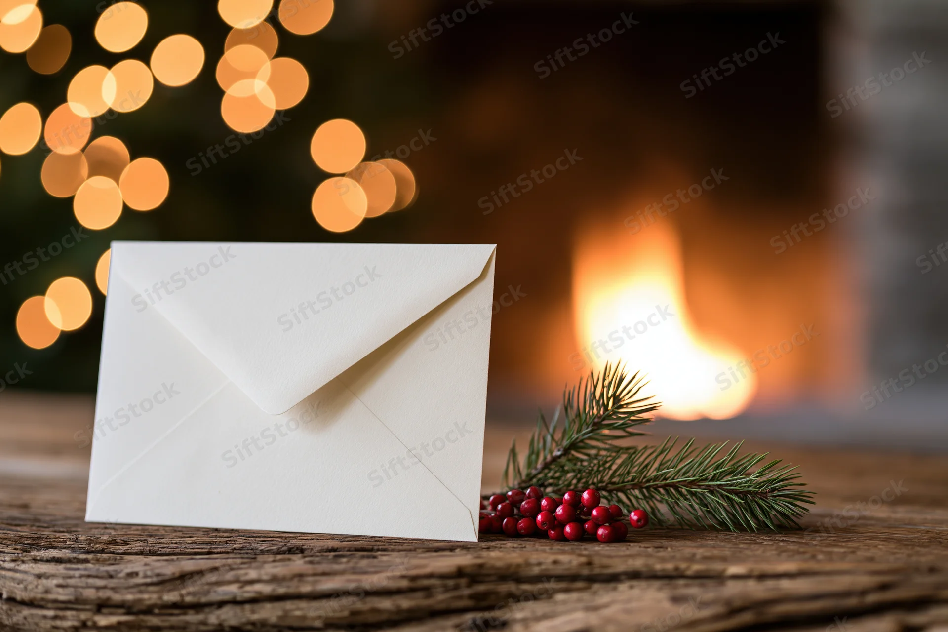 Cream envelope standing upright on rustic wooden table beside pine branch with red berries, fireplace and bokeh lights in background
