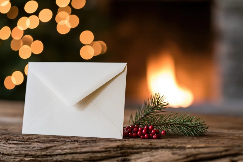 Cream envelope standing upright on rustic wooden table beside pine branch with red berries, fireplace and bokeh lights in background