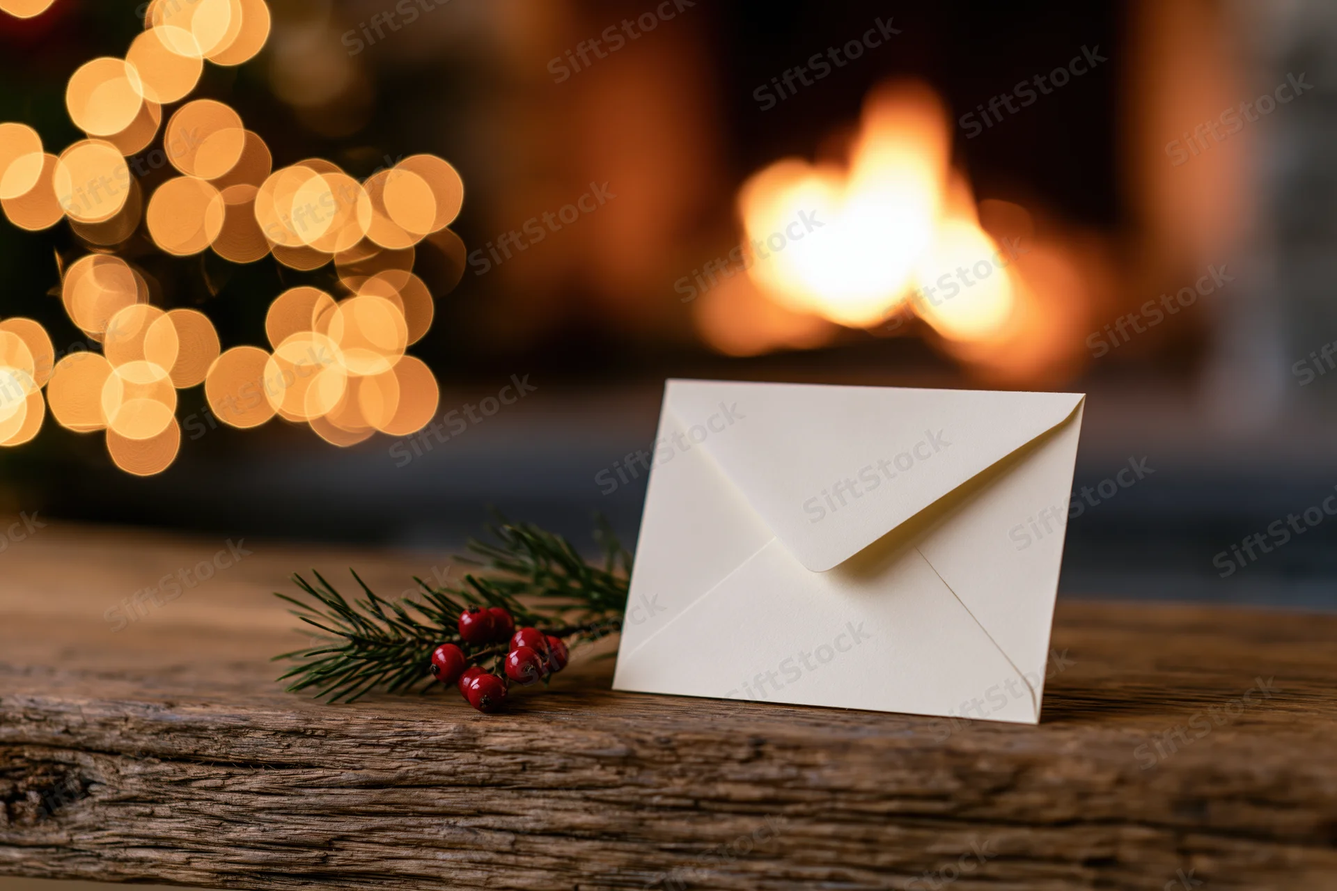 Cream envelope standing upright on rustic wooden table beside pine and berries with blurred fireplace and holiday lights in background