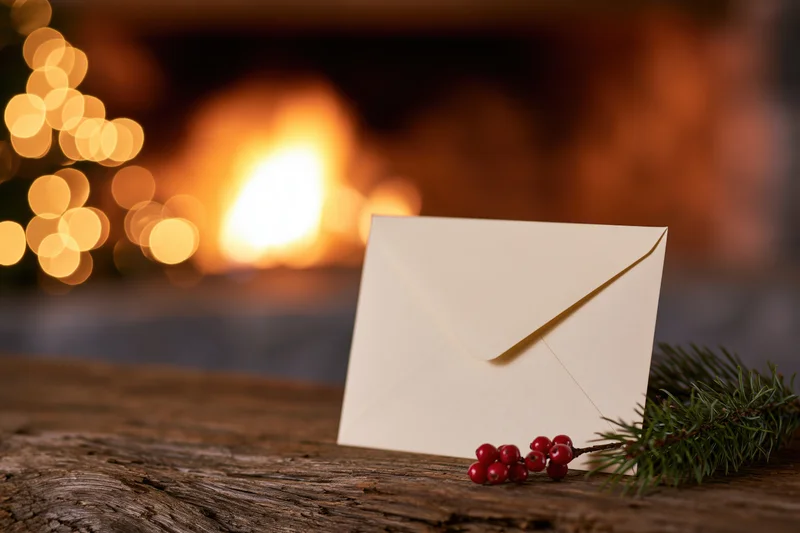 Cream envelope standing upright on rustic wooden table beside pine branch with red berries, fireplace glowing softly in background
