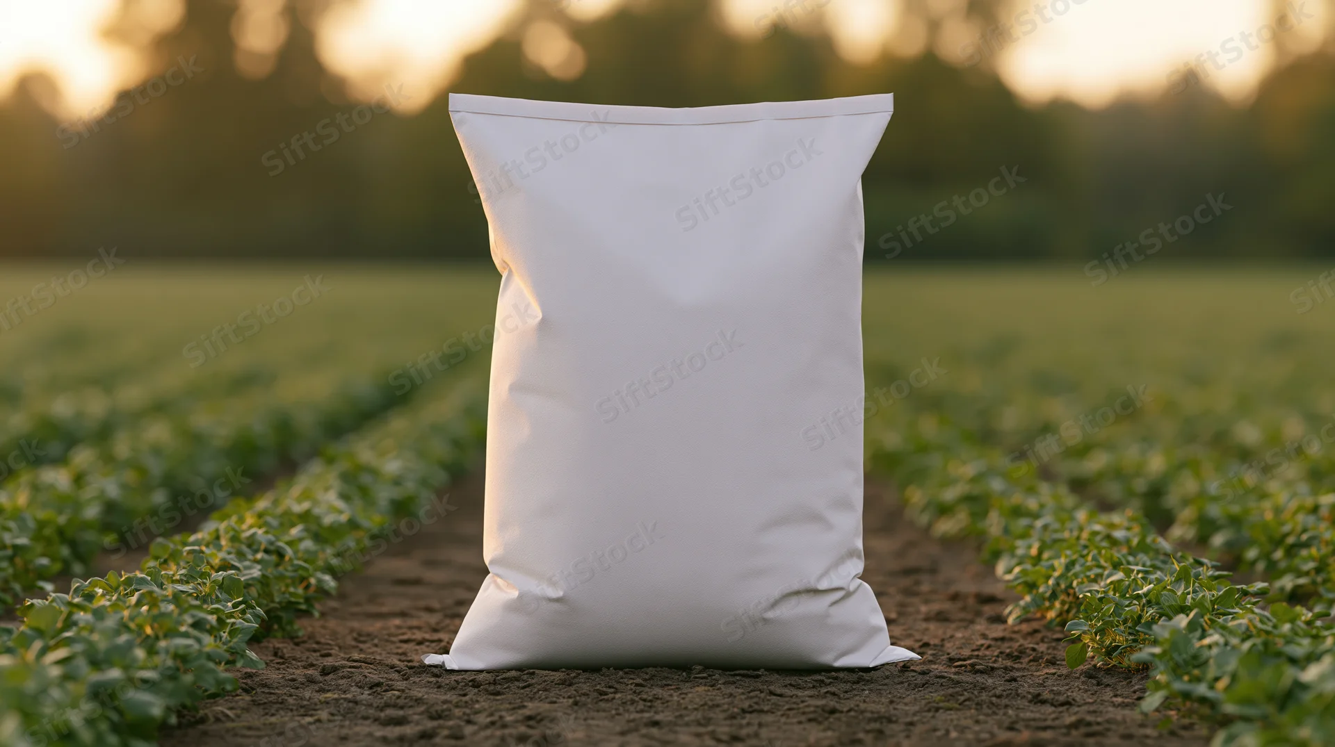 White fertilizer bag standing upright in a cultivated field at sunset