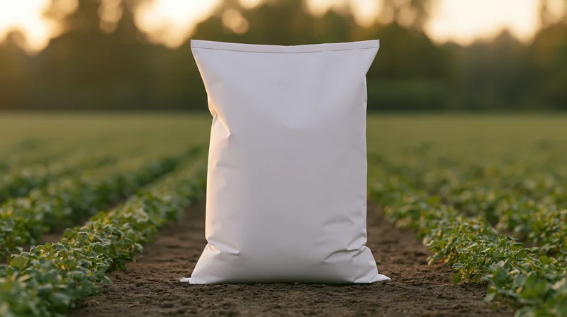 White fertilizer bag standing upright in a cultivated field at sunset