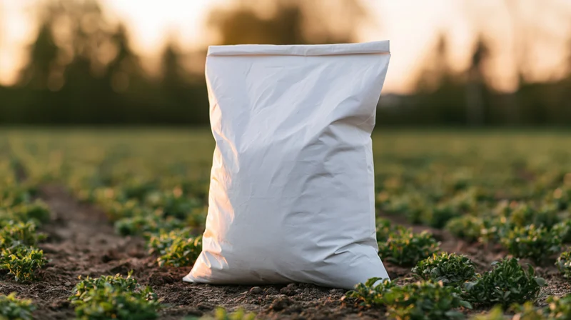 White fertilizer bag standing upright in a cultivated field at sunset