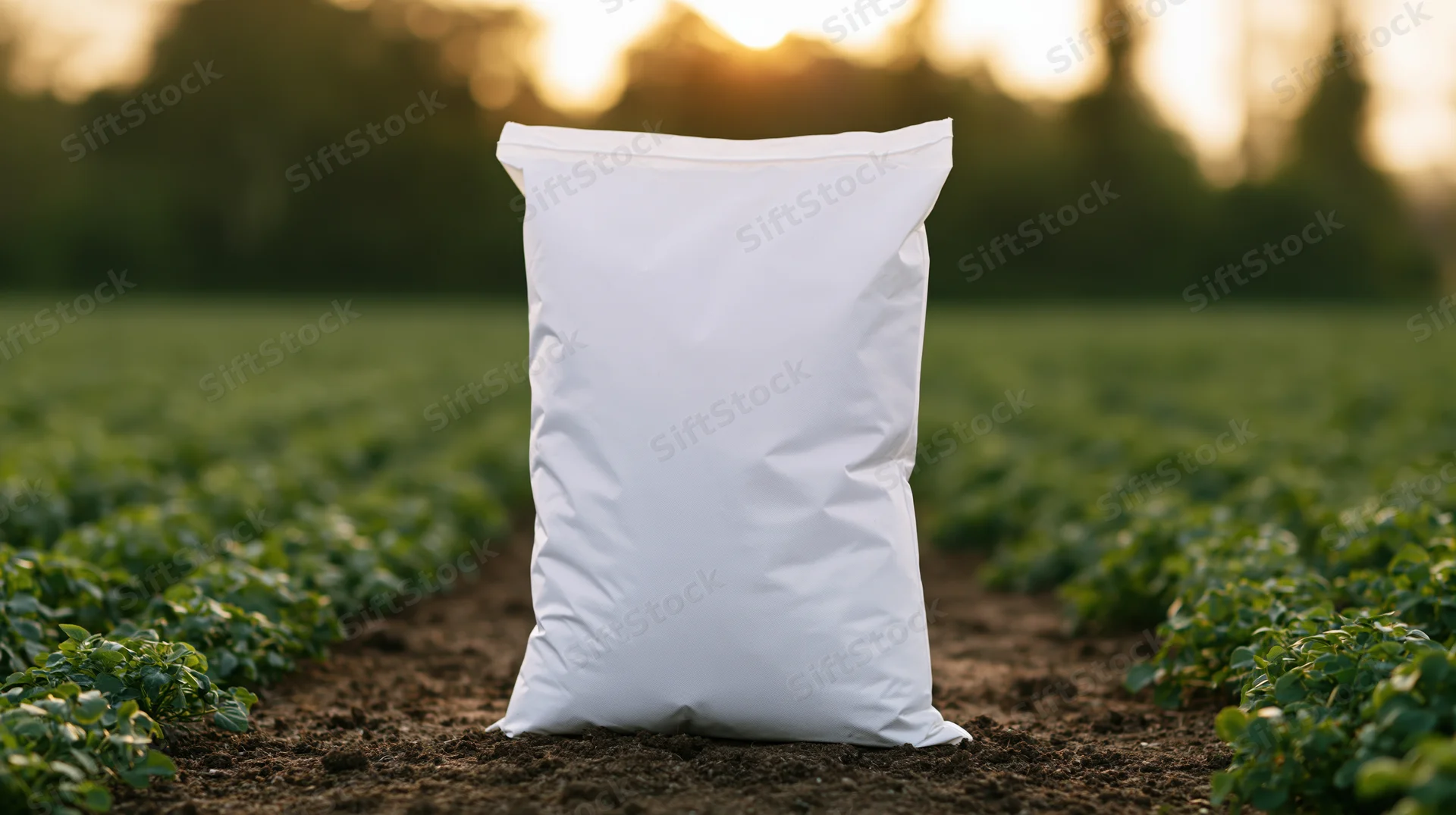 White fertilizer bag standing upright in a green crop field at sunset
