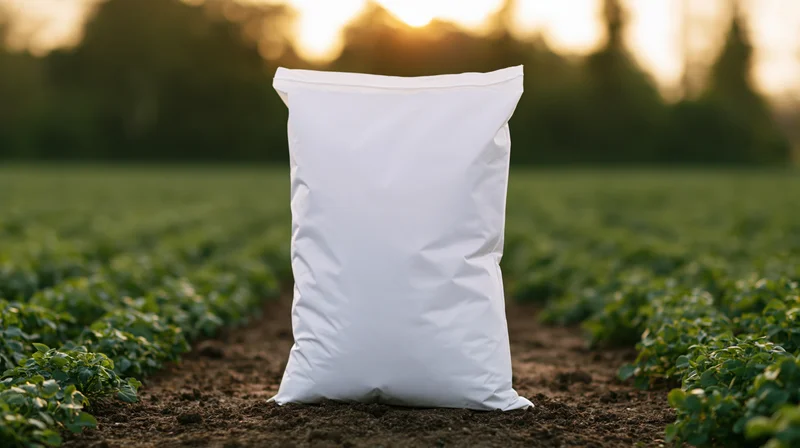 White fertilizer bag standing upright in a green crop field at sunset