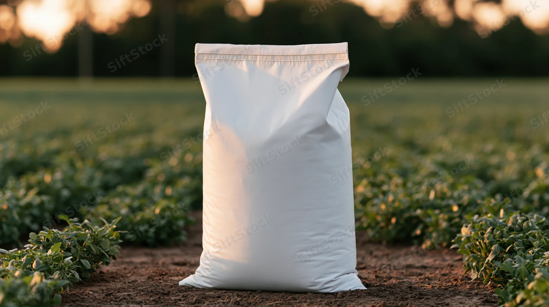 White fertilizer bag standing upright in a cultivated field at sunset