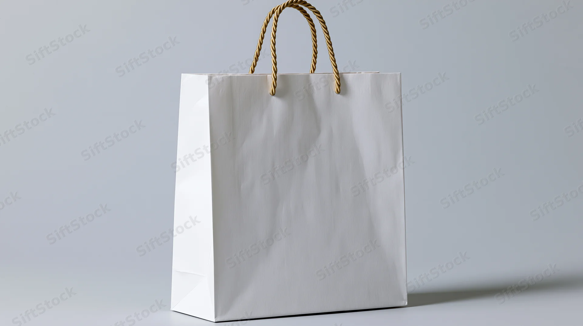 White paper shopping bag with twisted gold rope handles on plain background