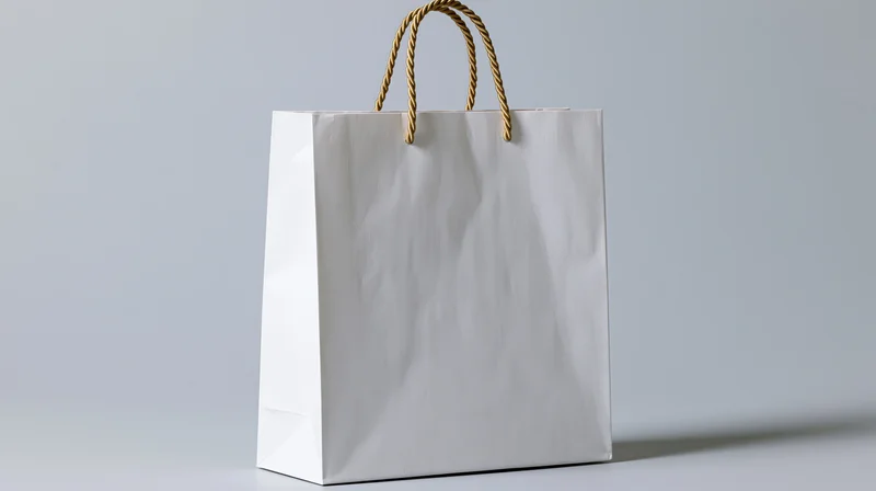 White paper shopping bag with twisted gold rope handles on plain background