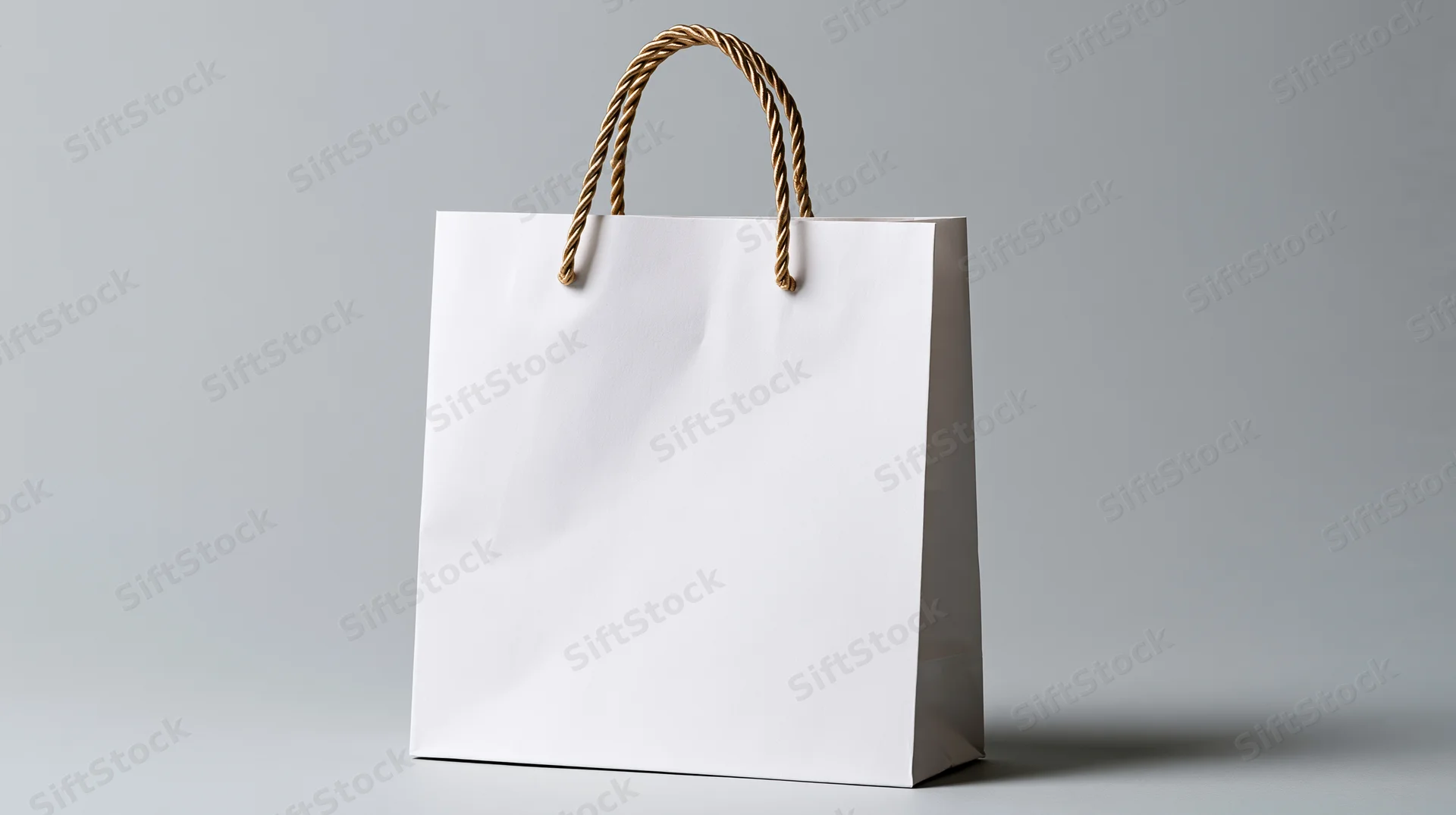 White paper shopping bag with twisted gold-brown rope handles on gray background