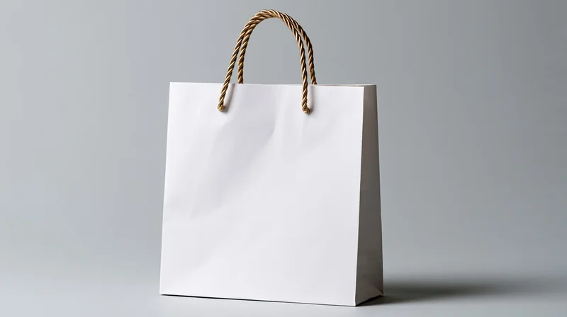 White paper shopping bag with twisted gold-brown rope handles on gray background