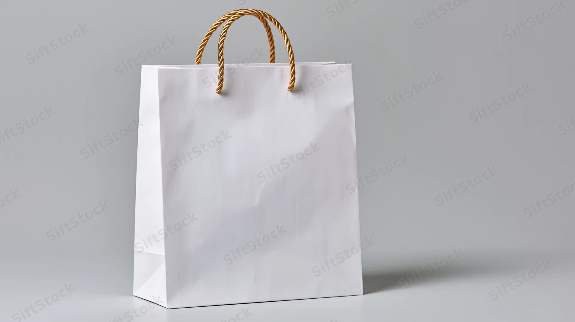 White paper shopping bag with twisted gold rope handles on plain gray background