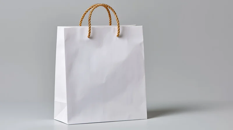 White paper shopping bag with twisted gold rope handles on plain gray background