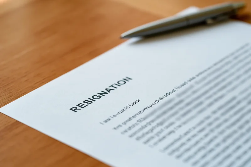 Printed resignation letter lying flat on a wooden desk with a pen resting on top