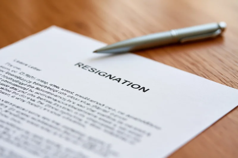 Resignation letter on wooden desk with pen beside it