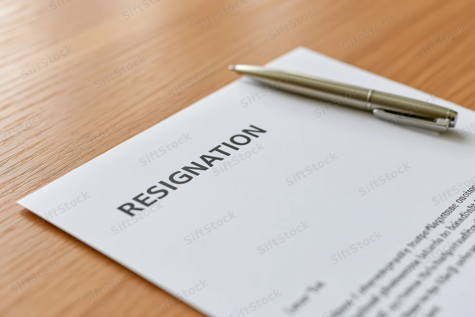 Resignation letter with bold heading and pen on wooden desk