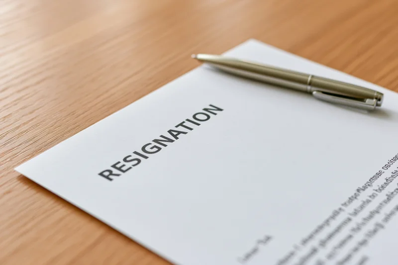 Resignation letter with bold heading and pen on wooden desk