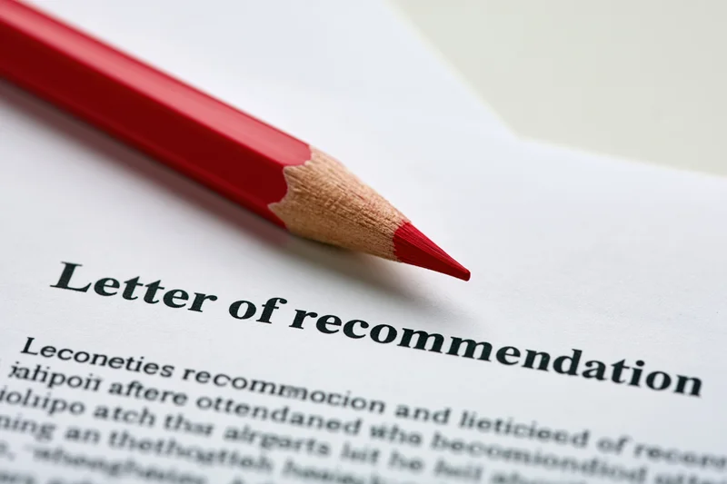 Red pencil resting diagonally on printed letter of recommendation document