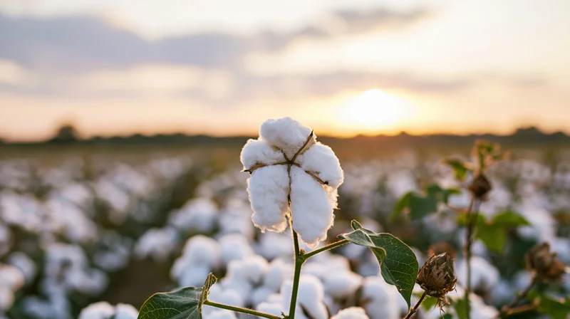 Ripe cotton boll on green stem in field at sunset