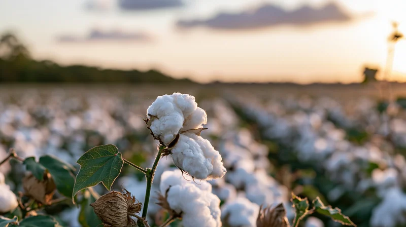 Ripe cotton boll on green stem in a field at sunset