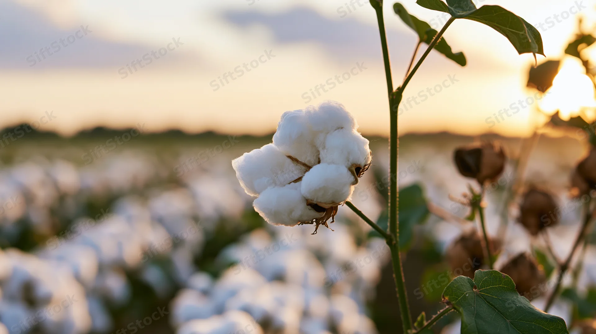 Ripe cotton boll bursting open on green stem in field at sunset